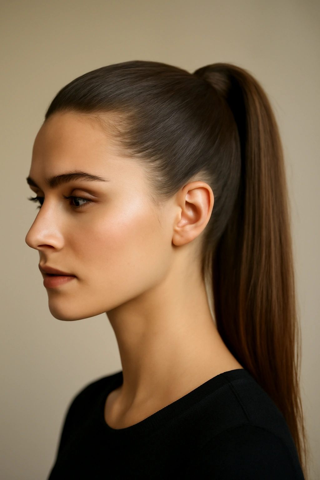 15 Ponytail Hairstyles for Work and Nights Out 1 Close-up of a classic high ponytail with smooth, glossy hair in a neutral studio.