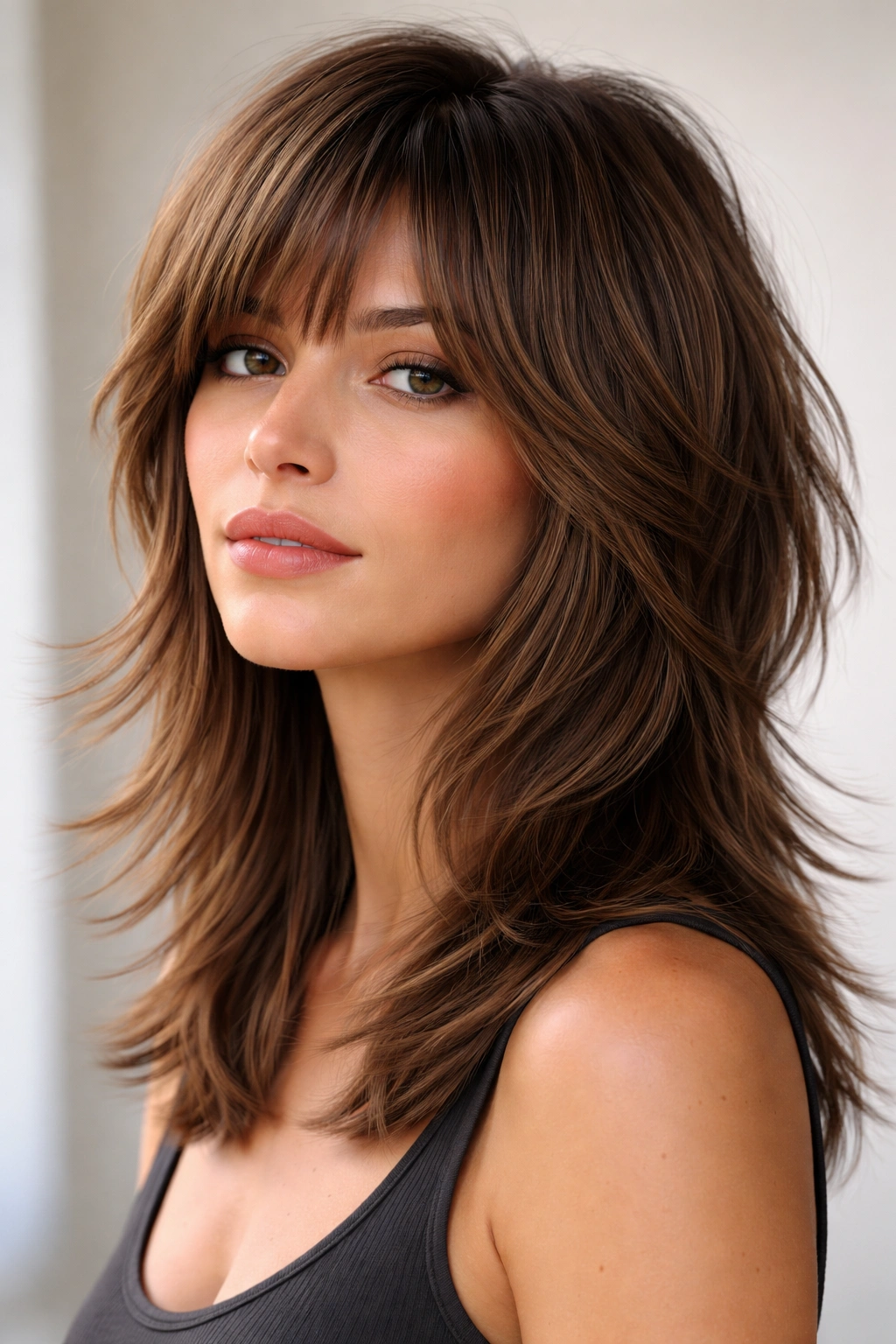 Portrait of a person with a medium shag haircut featuring feathered layers starting at the chin and shoulder-length perimeter.
