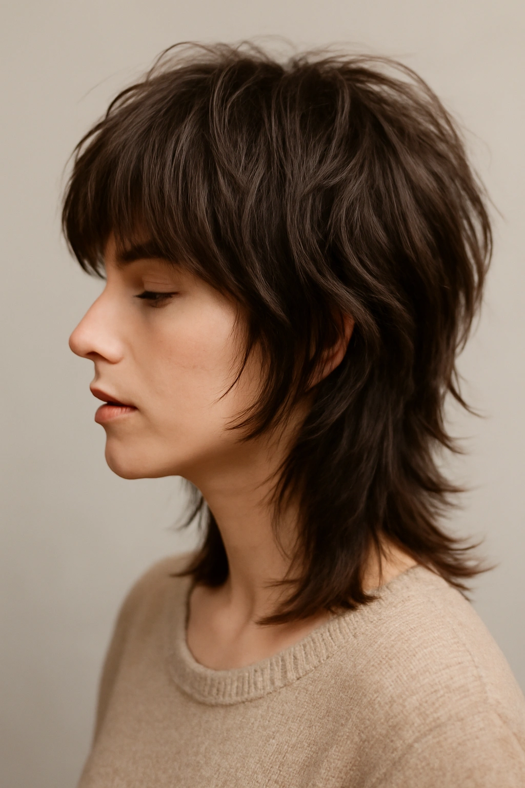 20 Medium Layered Haircuts Stylists Get Asked For Most 1 Close-up of a person with a classic shag haircut showing choppy layers and feathered ends