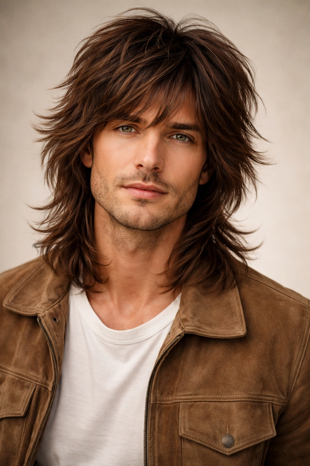 Person with heavily layered, shoulder-length shag haircut