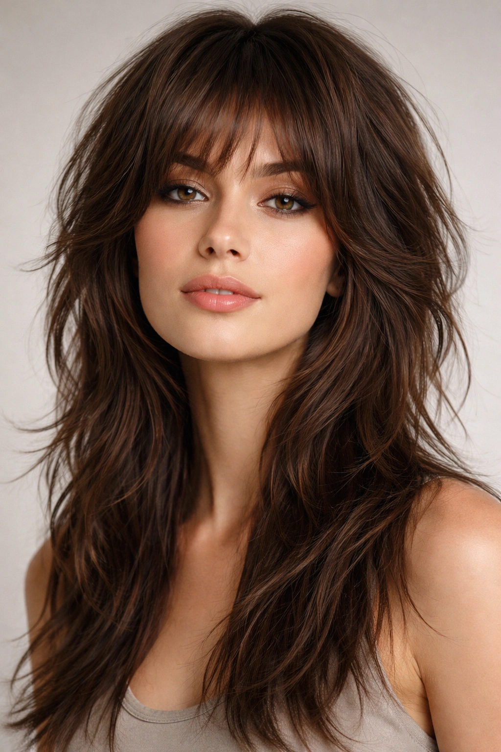 Close-up of classic shag on thick oval-face hair with layered movement