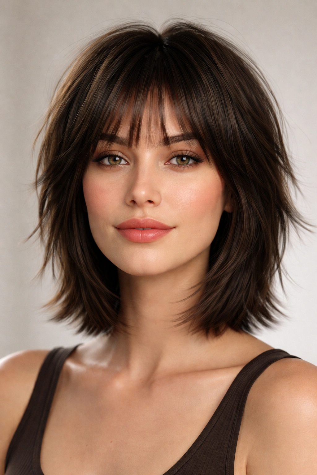 20 Shag Hairstyles Sorted By Hair And Face Type 1 Close-up of a chin-length choppy shag on straight hair highlighting crown volume and textured front layers
