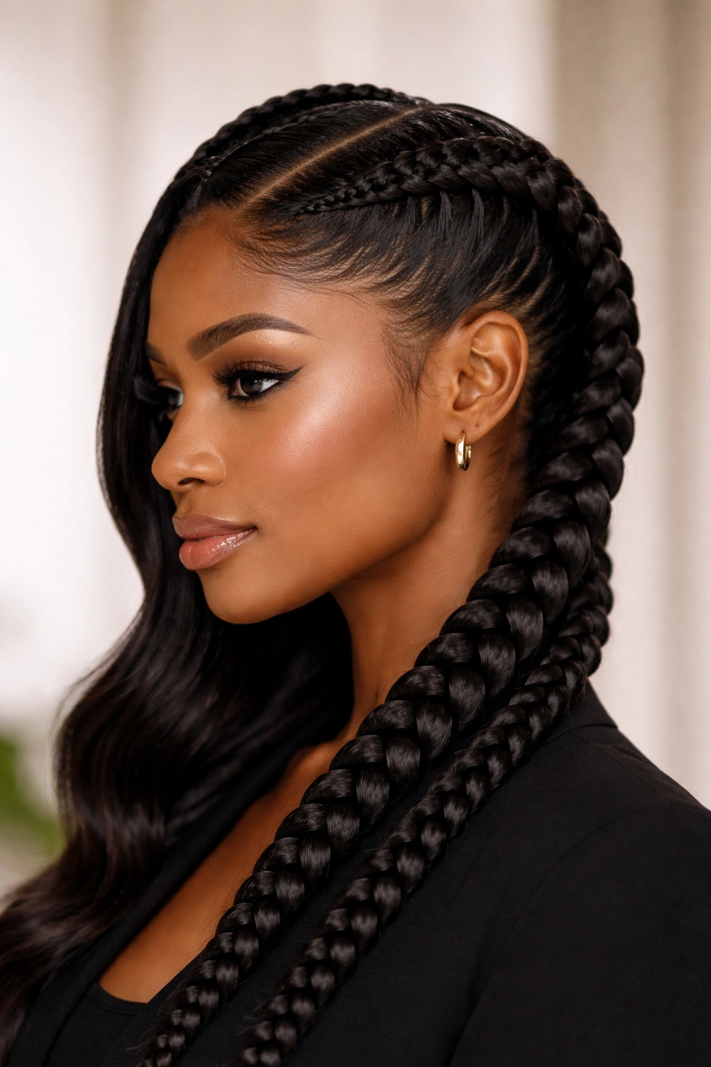 10 Side Part Two Braid Looks Black Women Love 1 Close-up of classic sleek Dutch braids along a dramatic side part