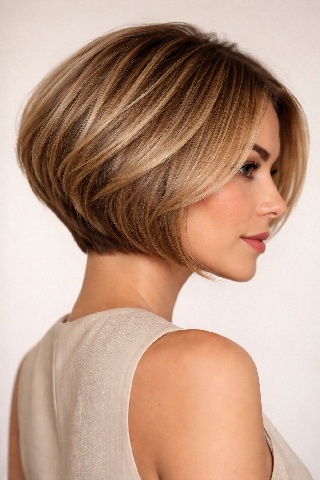 Close-up of Classic Stacked Bob showing graduated back and jaw-length front pieces in a studio portrait