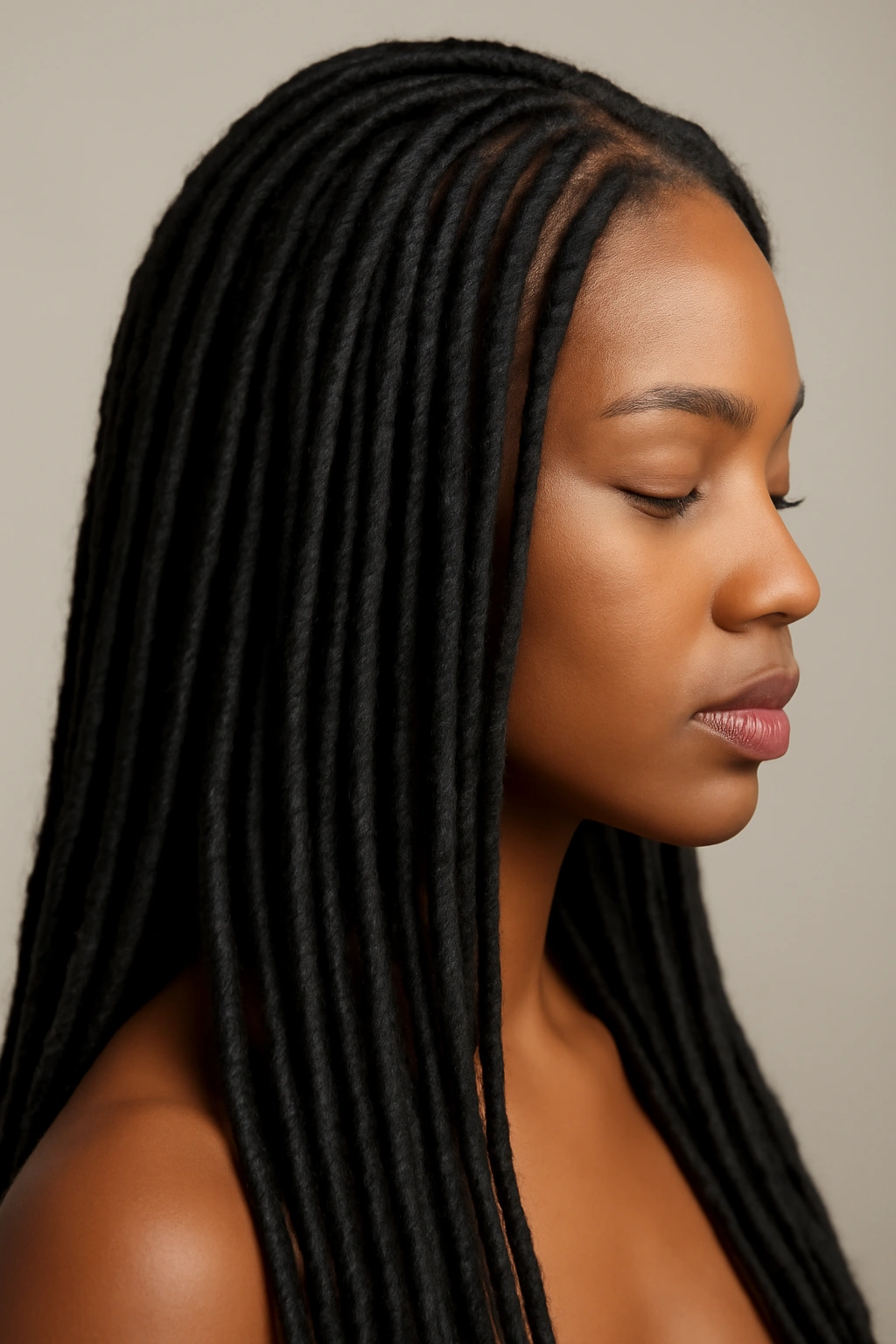 12 Faux Loc Styles That Are Worth Bookmarking Now 1 Close-up of head with uniform straight faux locs hanging down