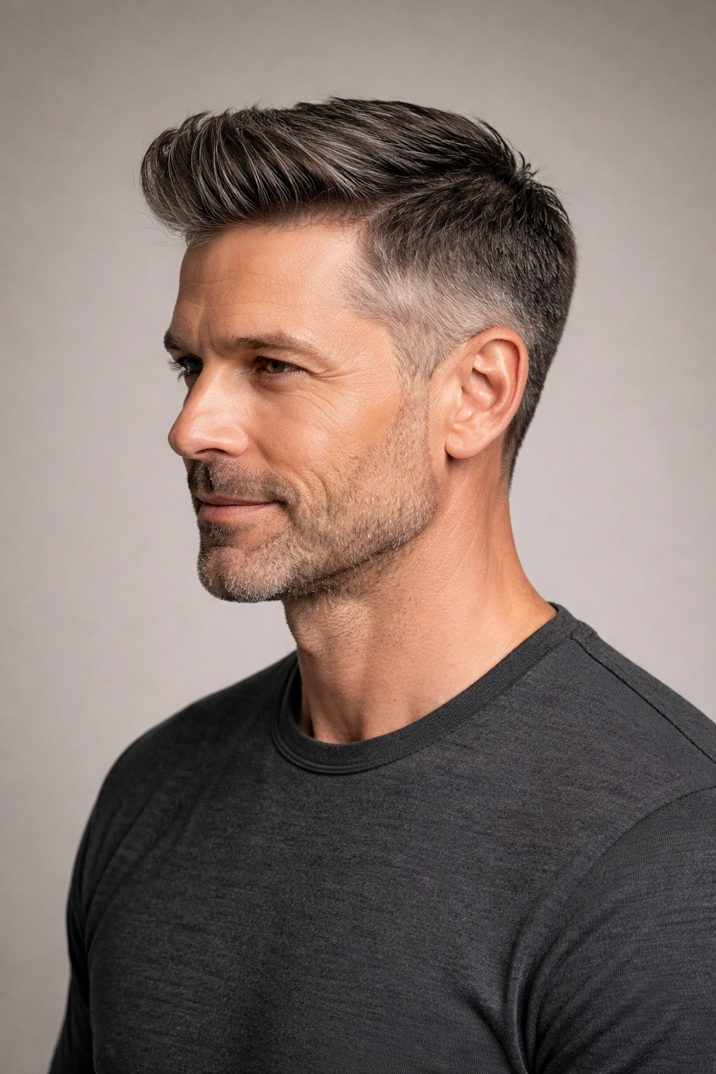 Portrait of a man with Classic Taper Cut, longer top and tapered sides, studio lighting.