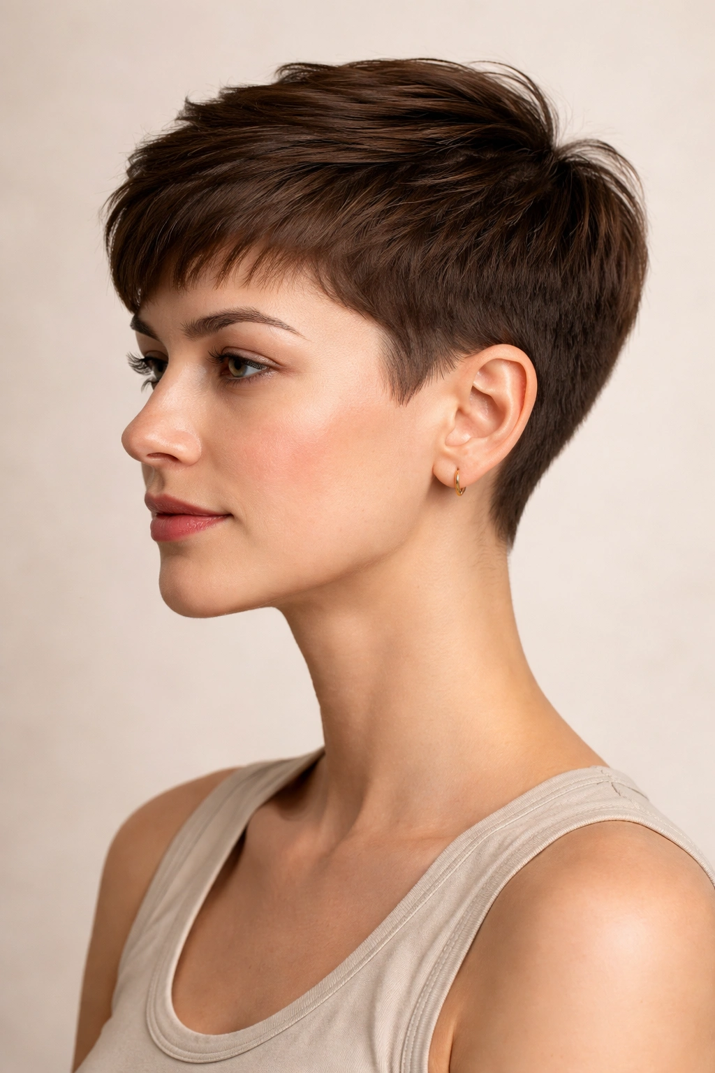 Close-up portrait of a pixie with very short sides and a longer top.