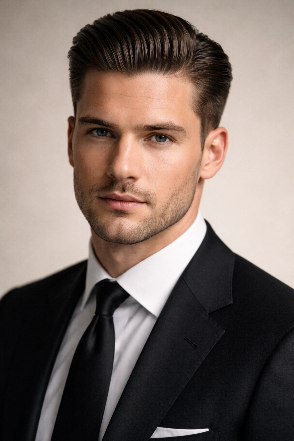 Close-up of classic taper with slicked-back hair and neutral studio backdrop