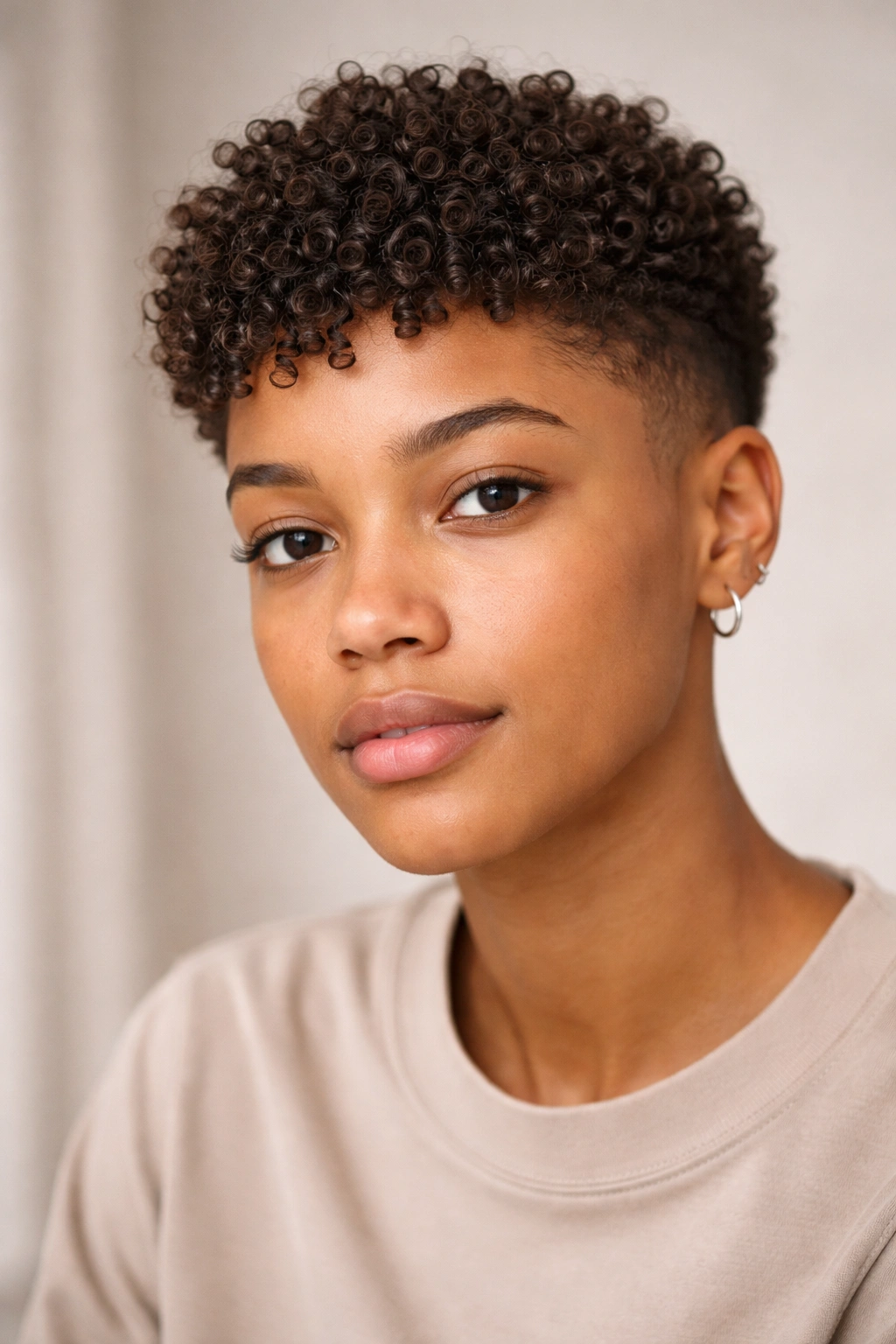 Close-up portrait of a person with a classic textured curly crop showing short sides and defined curls