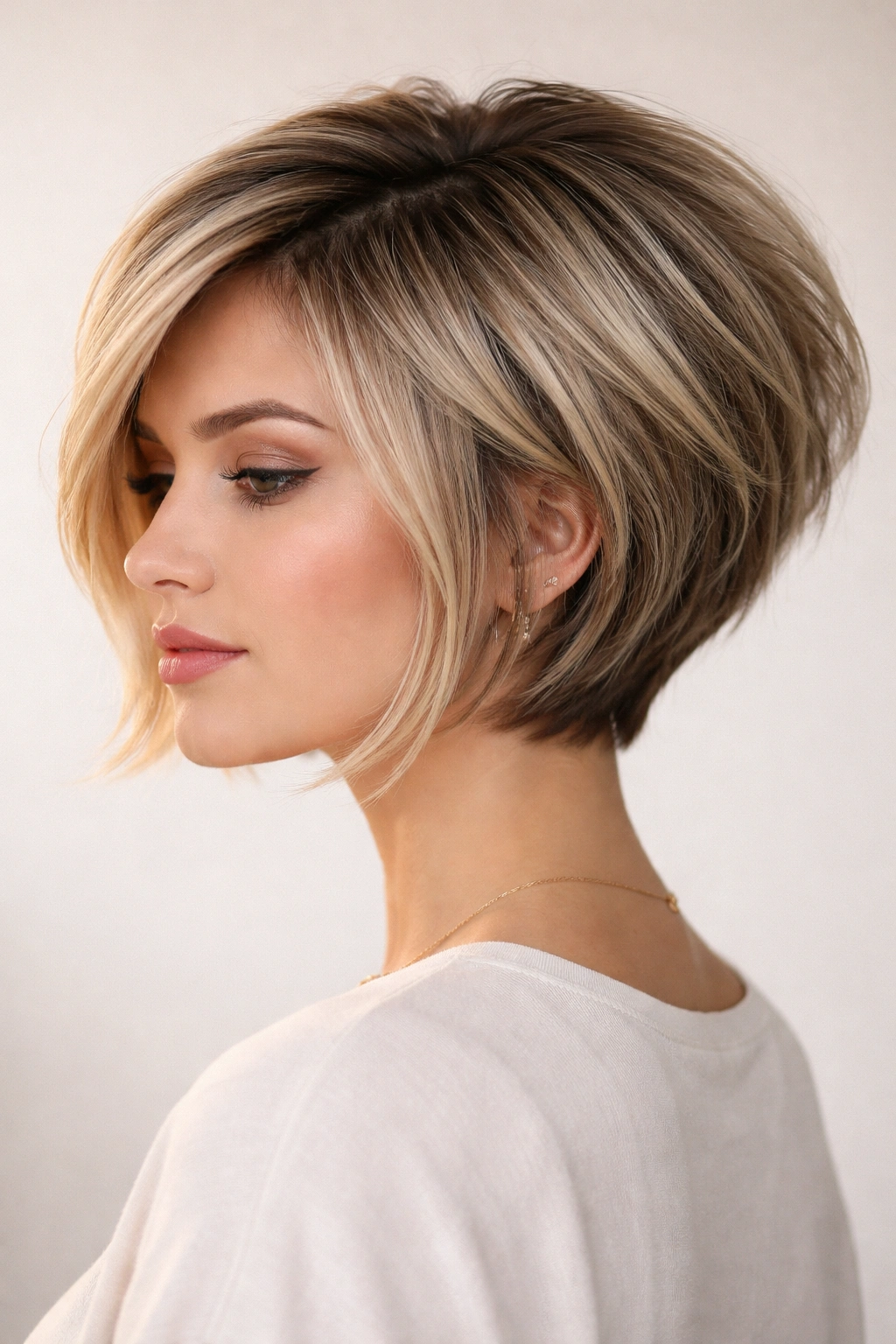 Close-up of Classic Textured Inverted Bob with voluminous crown and choppy back layers.