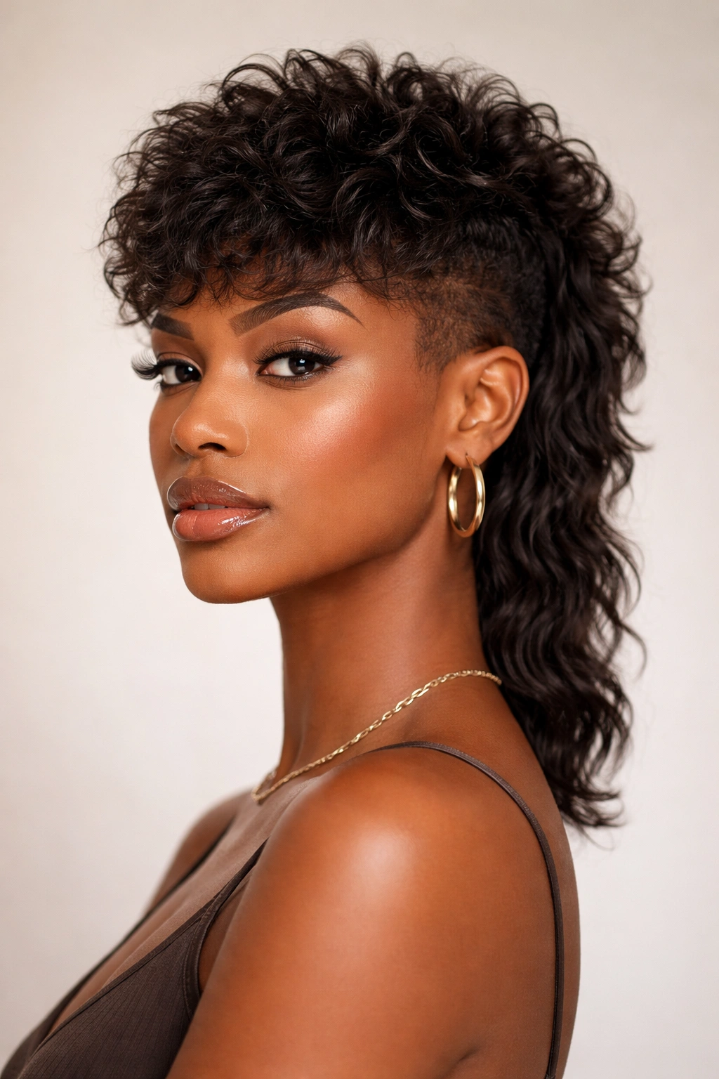 Close-up of Classic Textured Mullet with Fade on a Black woman, natural curls with subtle fade.