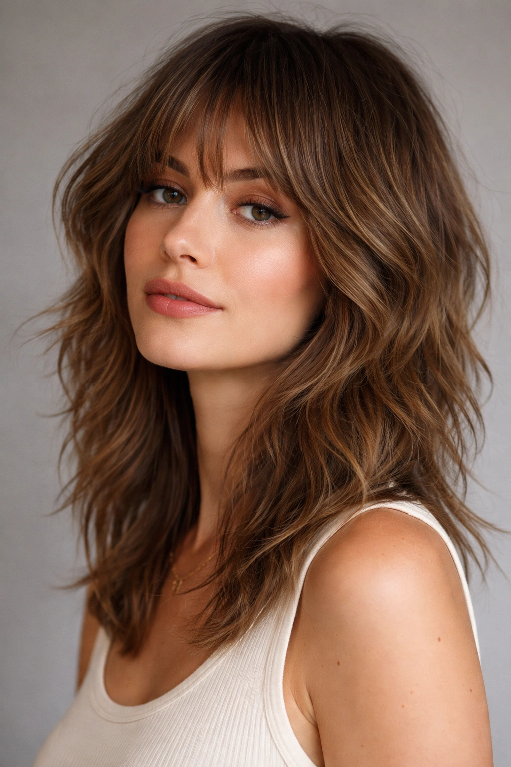 18 Medium Shaggy Cuts With Built In Movement 1 Close-up of a person with a classic textured shag showing layered crown-to-ends and natural waves