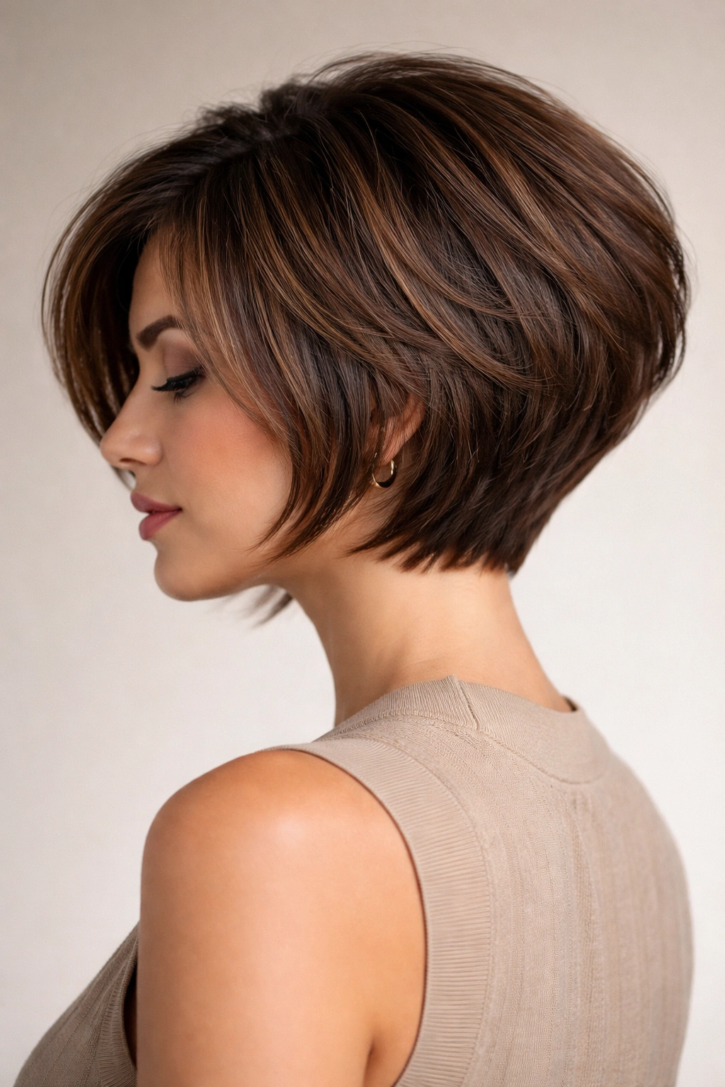 Close-up side profile of Classic Textured Stacked Bob on thick hair with a short back and layered front.