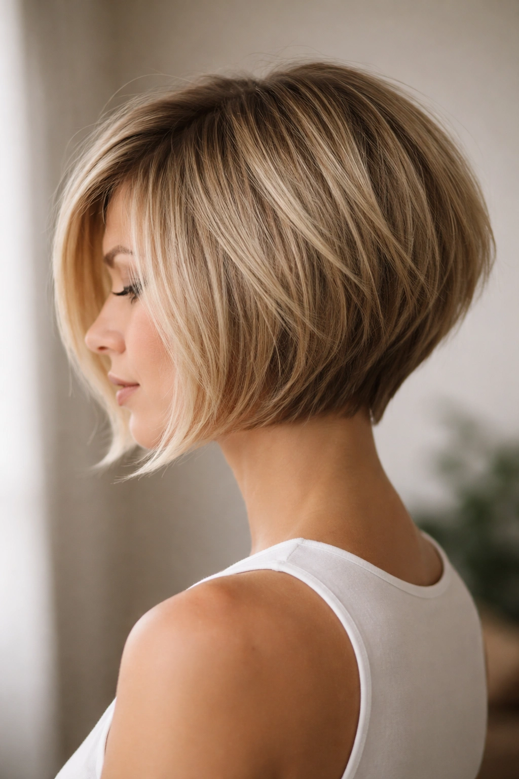 10 Stacked Angled Bobs That Boost Fine Hair 1 Close-up of classic textured stacked bob showing stacked back layers and jawline framing