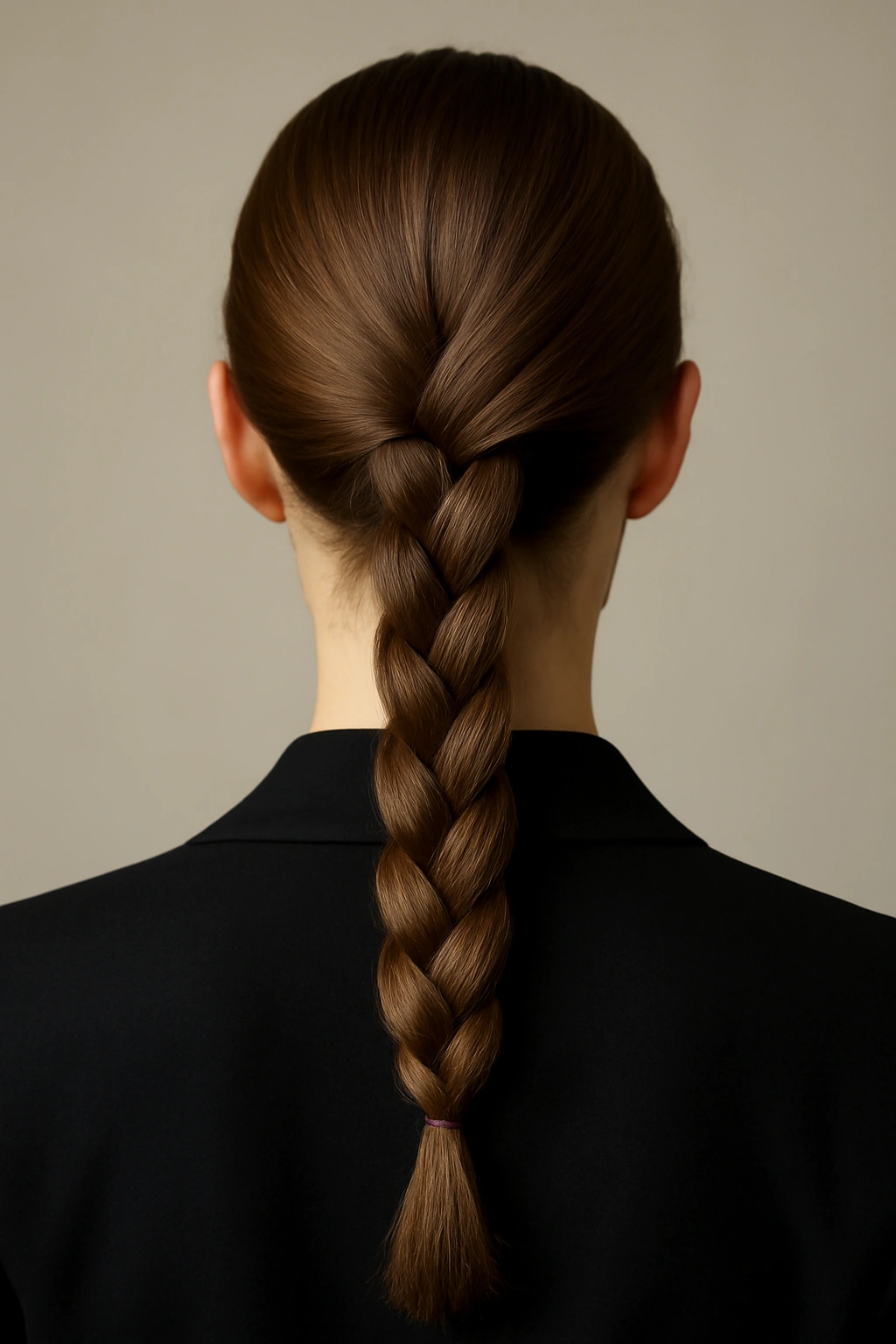 Close-up of a classic three-strand braid at the nape in a studio