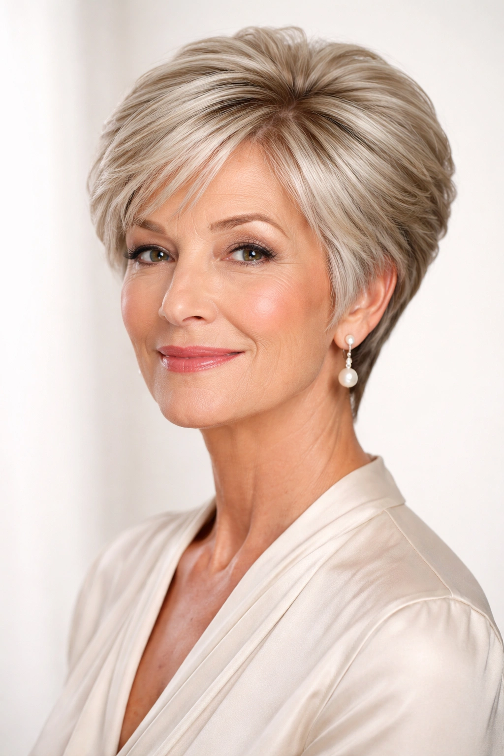 Mature woman with classic wedge haircut, crown fullness and stacked layers, in studio