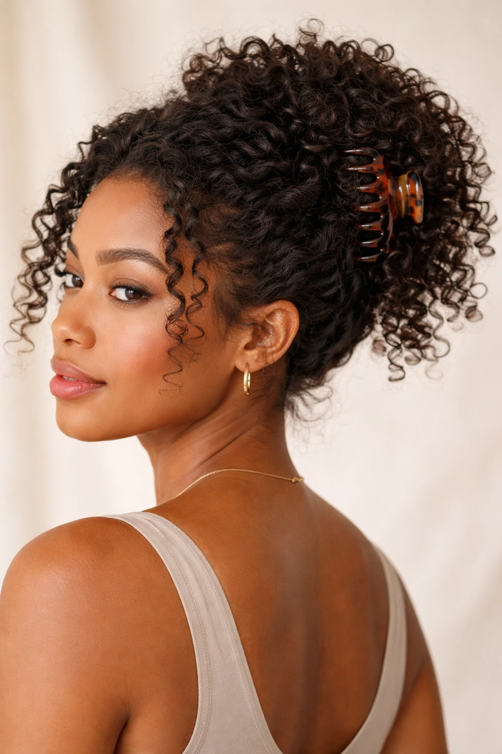 Curls secured with a claw clip on top of head