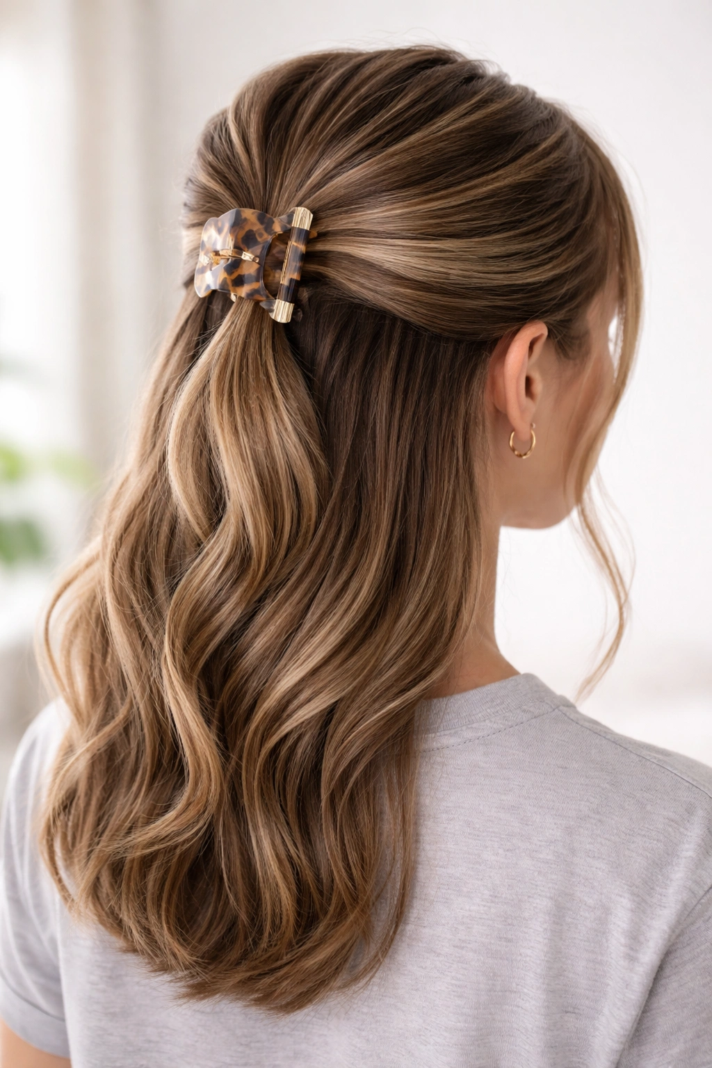 Half-up hairstyle secured with a claw clip at the back