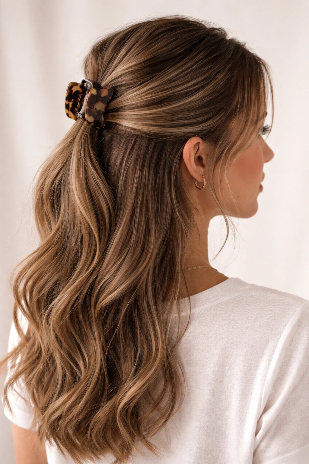 Top half-up hairstyle secured with claw clip