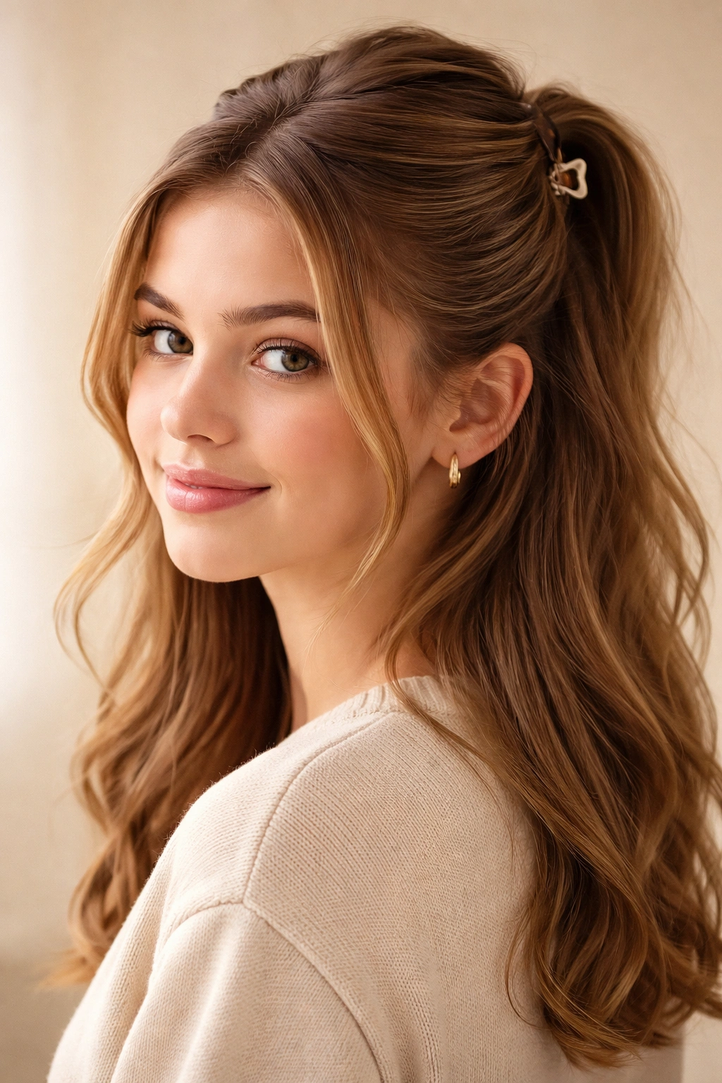 Close-up of a student with a claw clip half-up hairstyle, top pulled back and crown volume