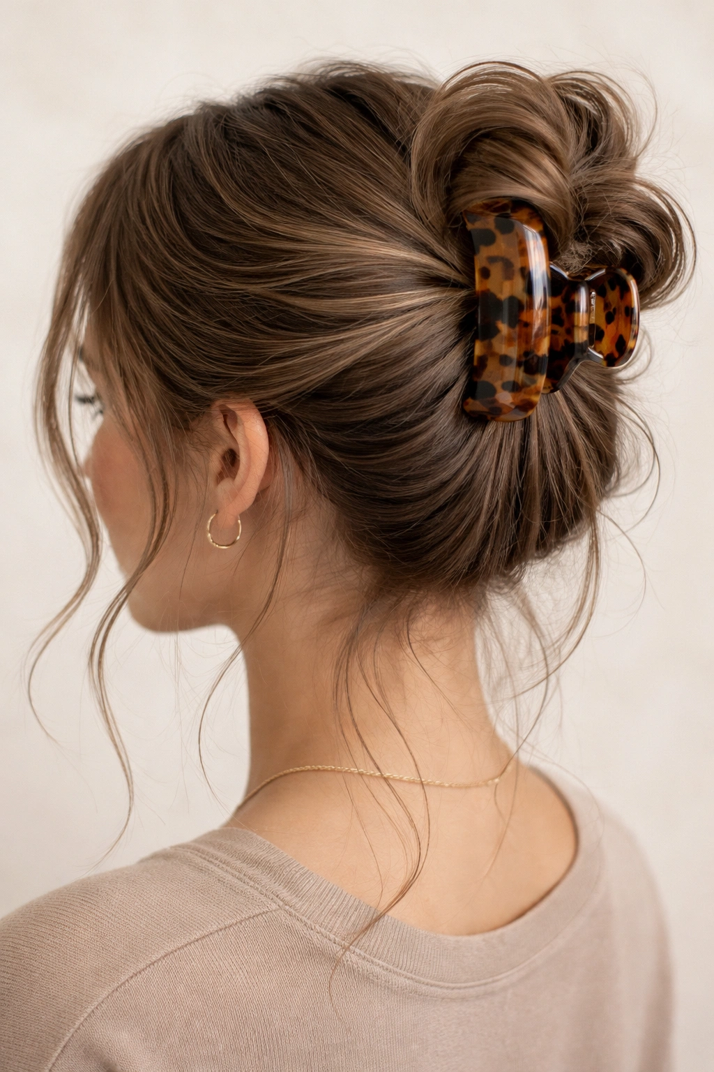 Updo secured with a large claw clip and face-framing wisps