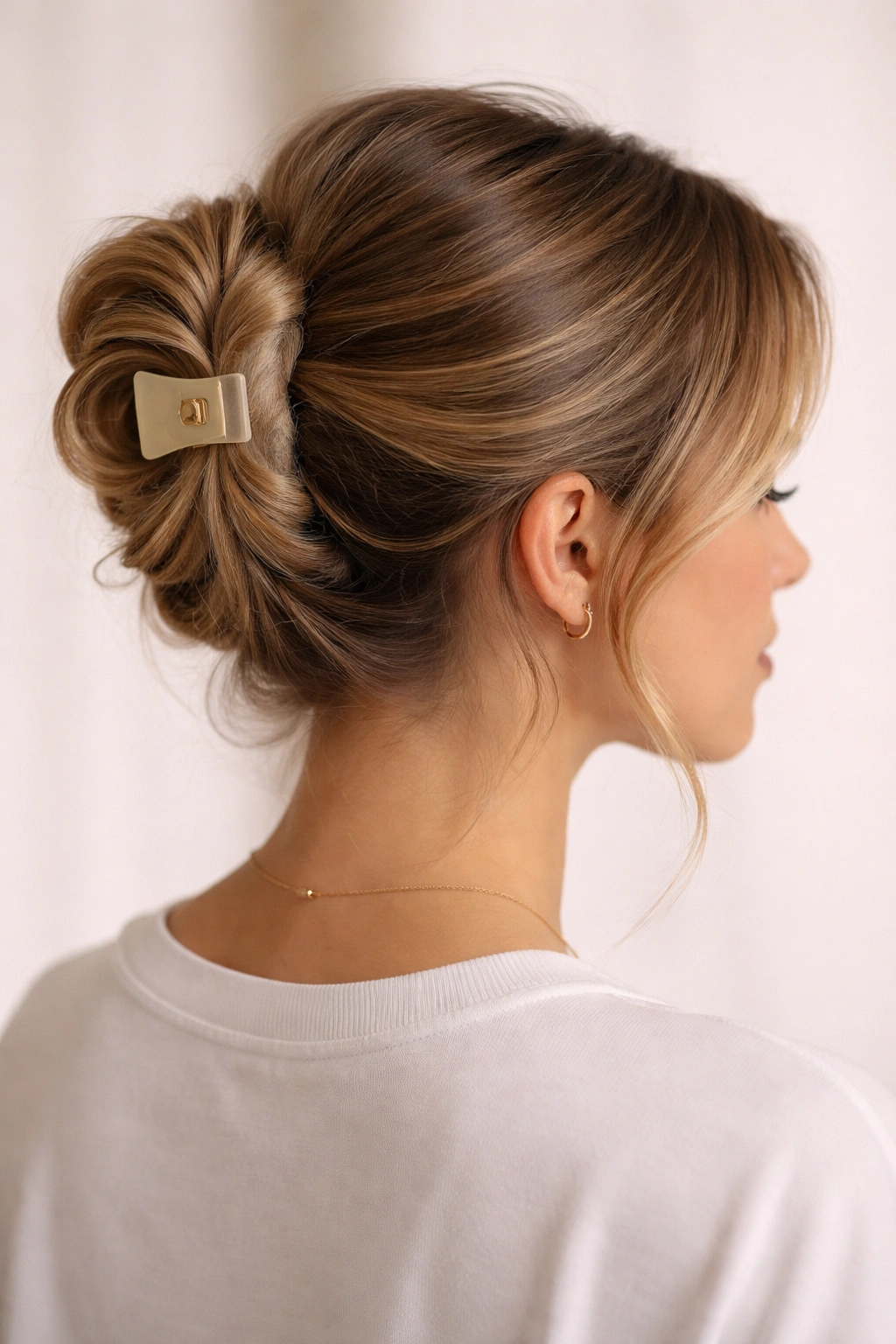 Updo secured with claw clip in a clean, minimalist setting