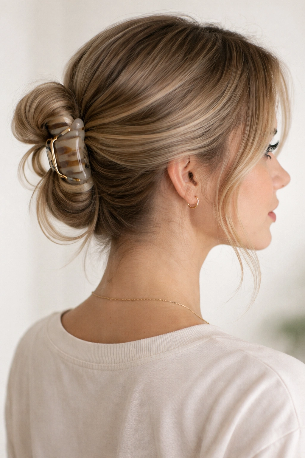 Low twisted updo secured with a large claw clip