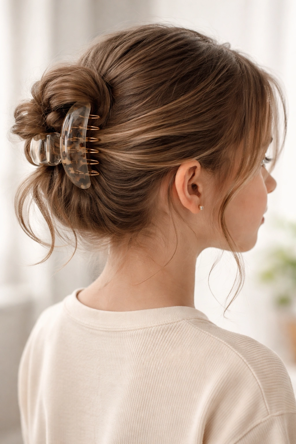 Side view of a child with a claw clip updo