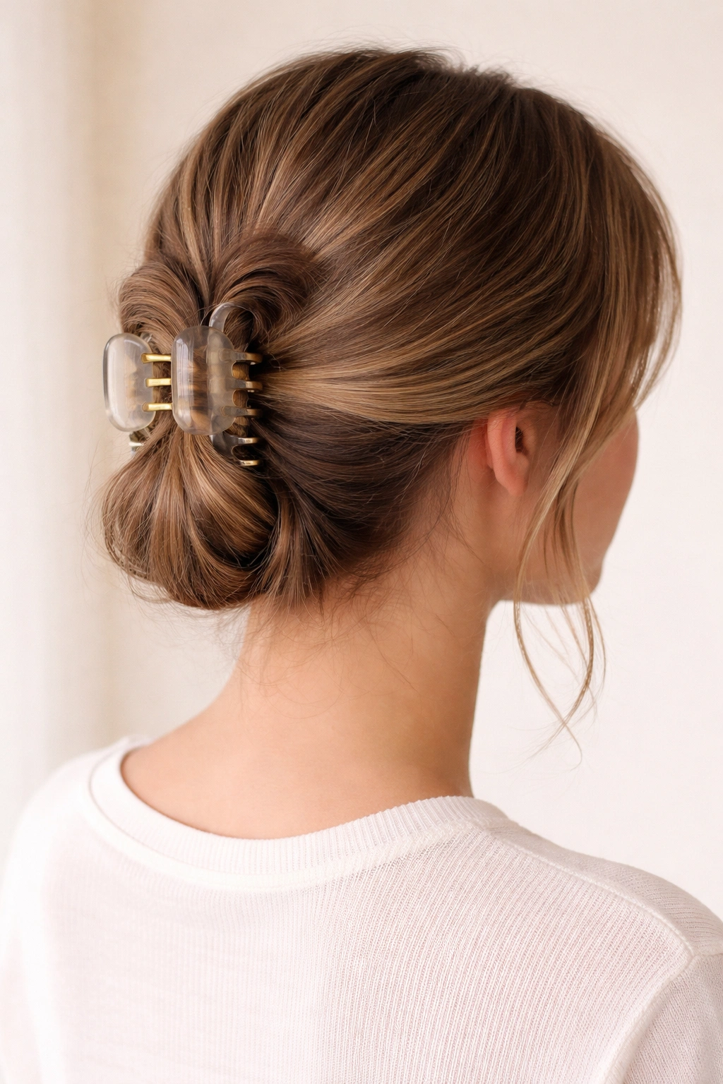 Updo secured with a large claw clip, hair twisted and folded