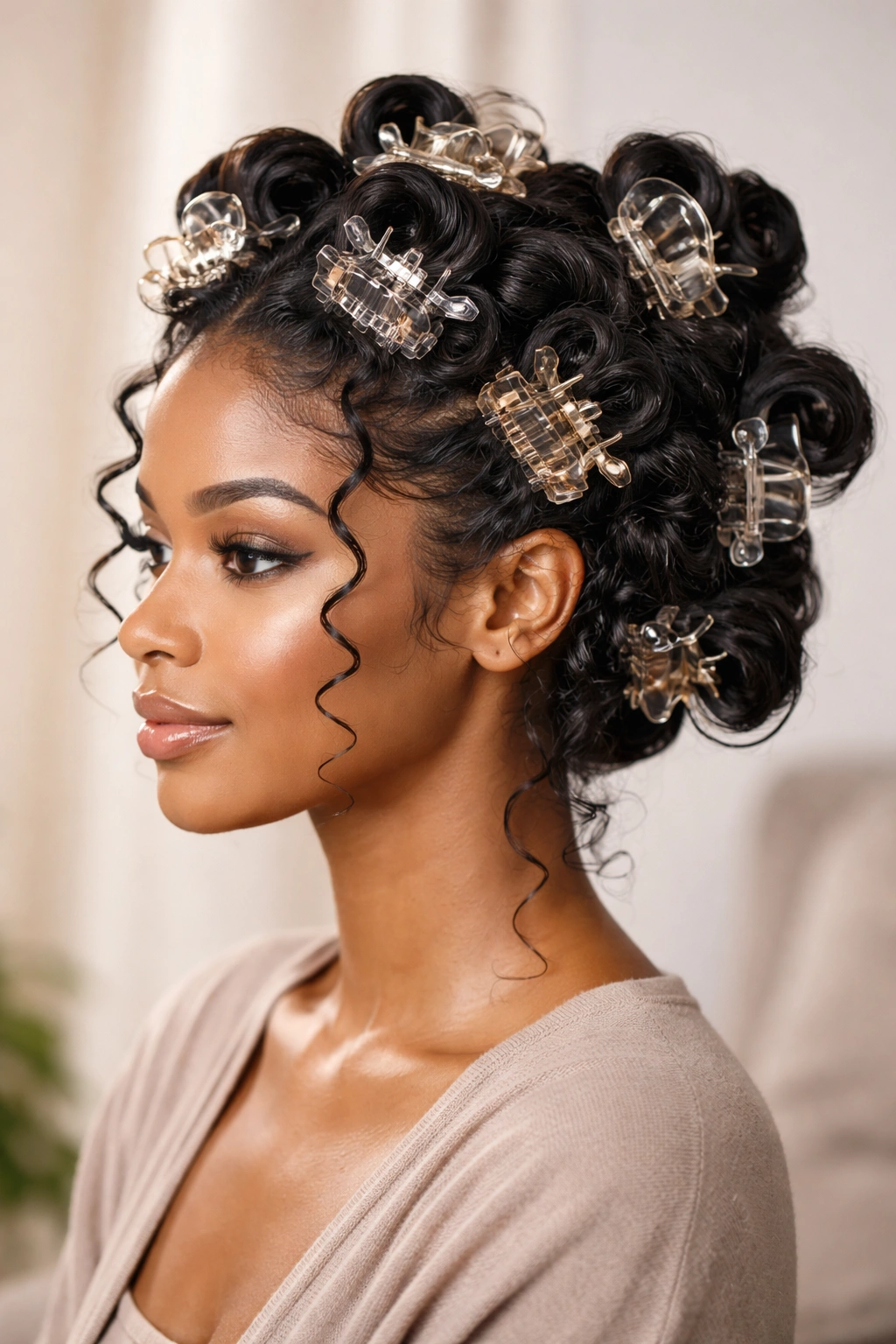Claw clip curls on natural hair with defined sections.