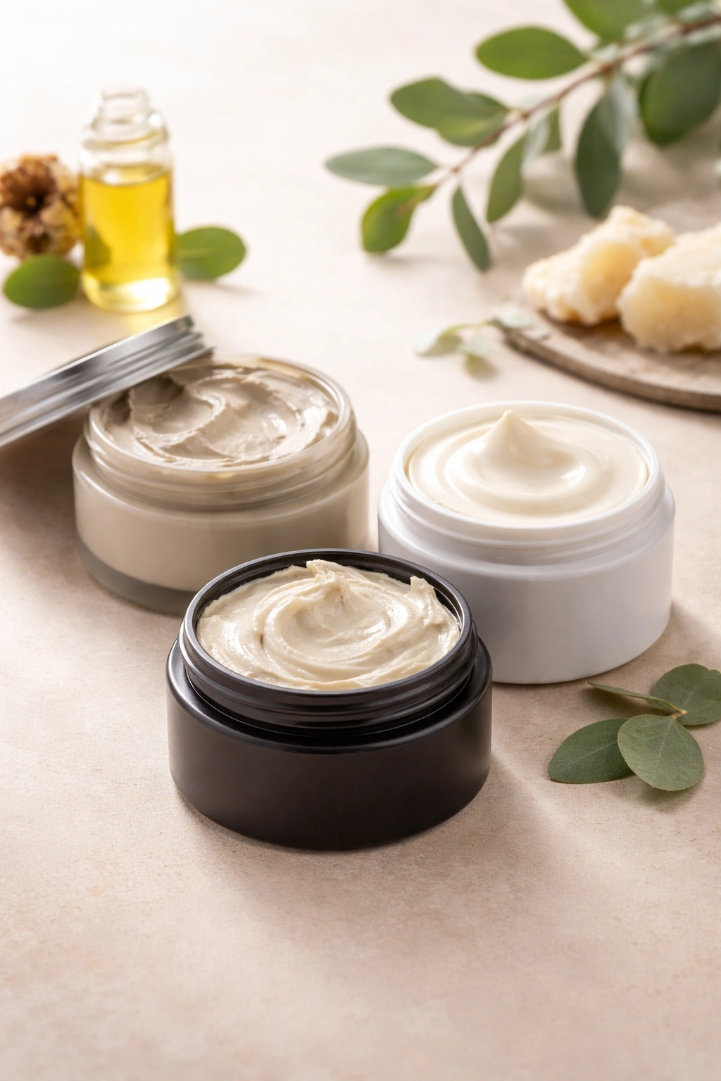 Three unlabeled hair styling containers on a clean surface showing healthier alternatives