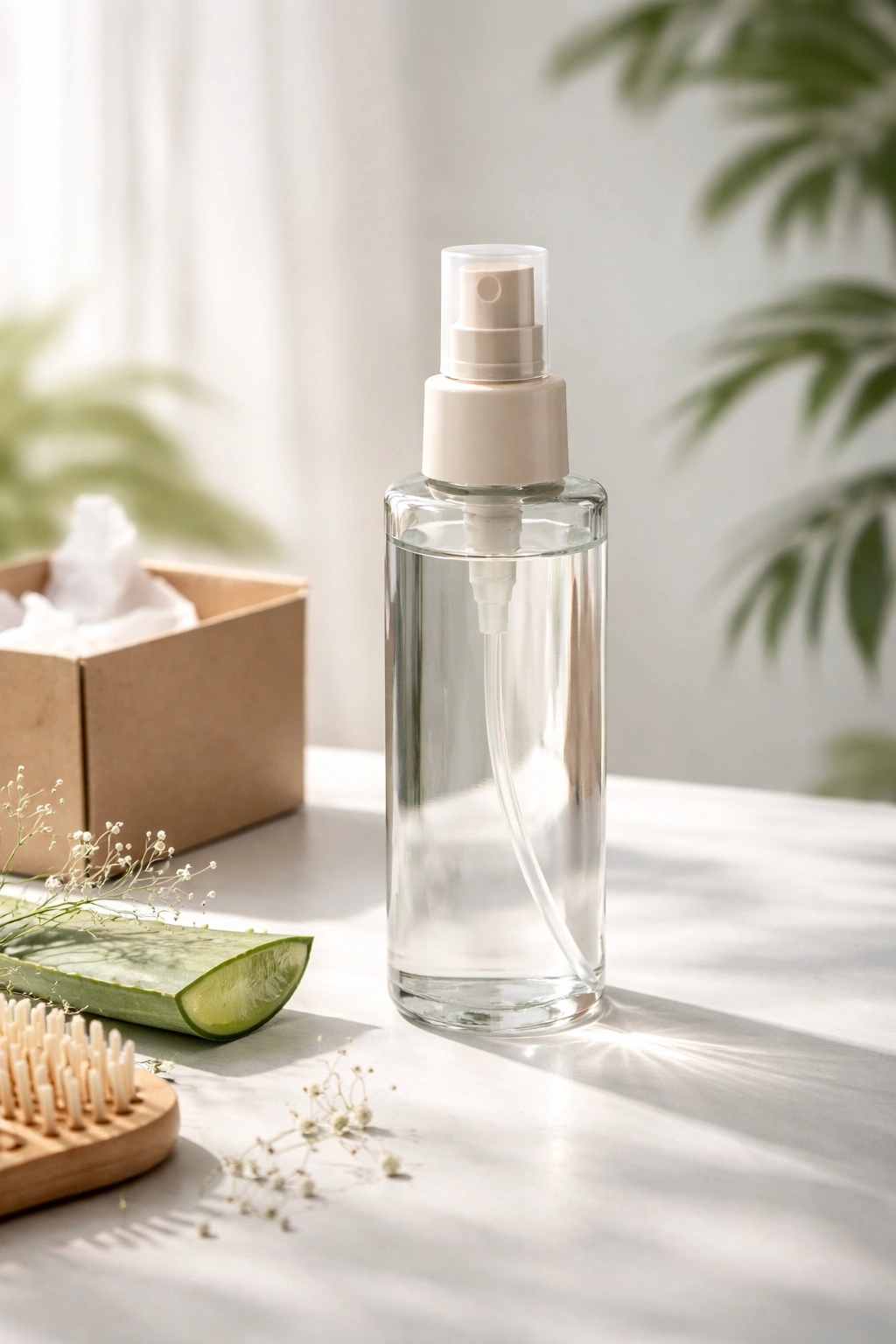 Label-free hairspray bottle with eco packaging on white surface