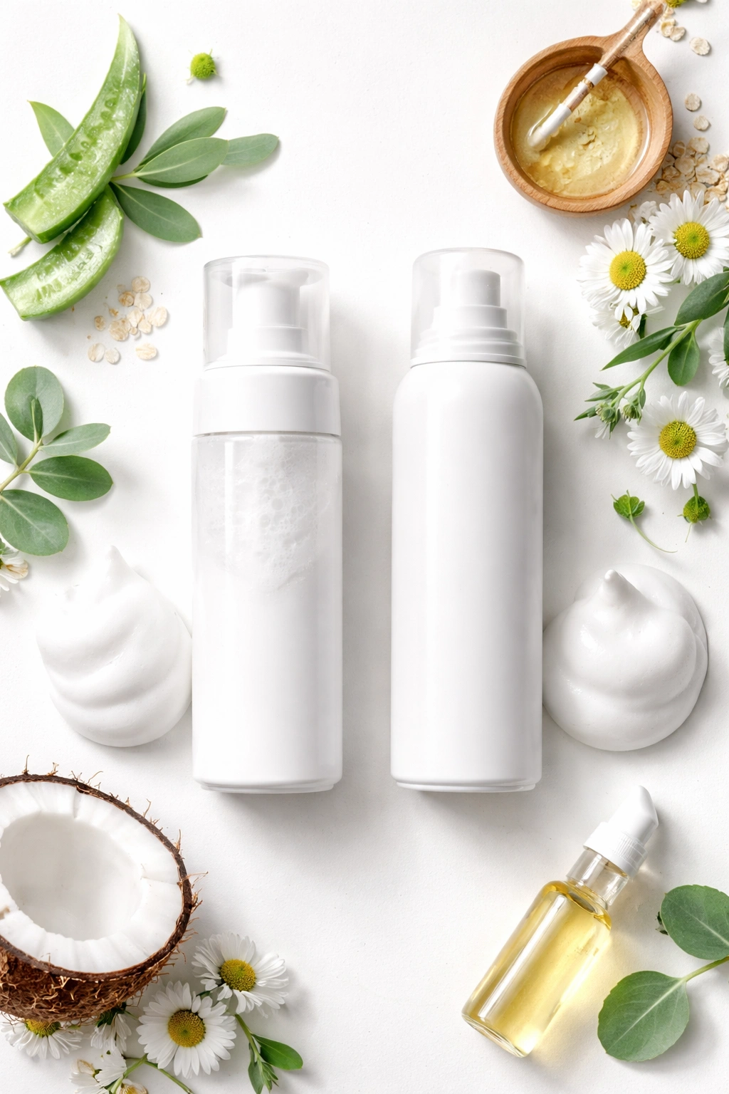 Minimalist foam and mousse bottles with clean packaging against a white background.