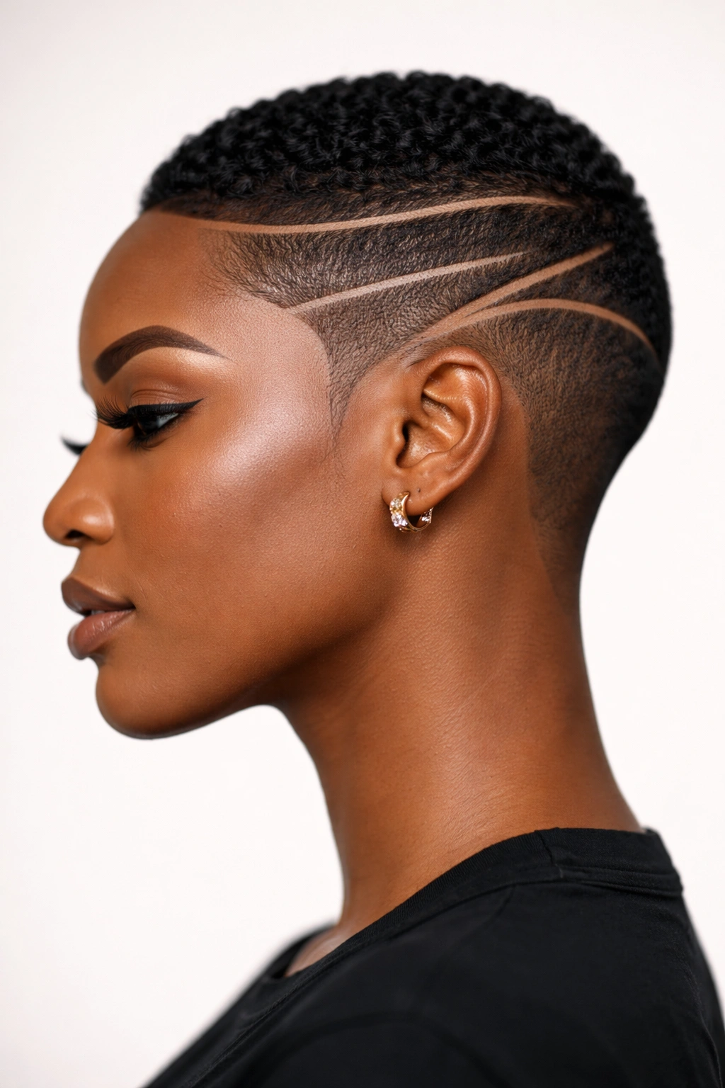 Side-profile close-up of a Black woman's scalp with clean edge shave lines
