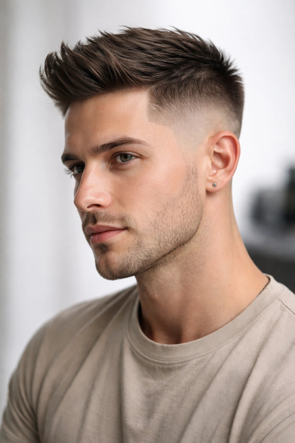 Clean fade hairstyle with defined line for oval face