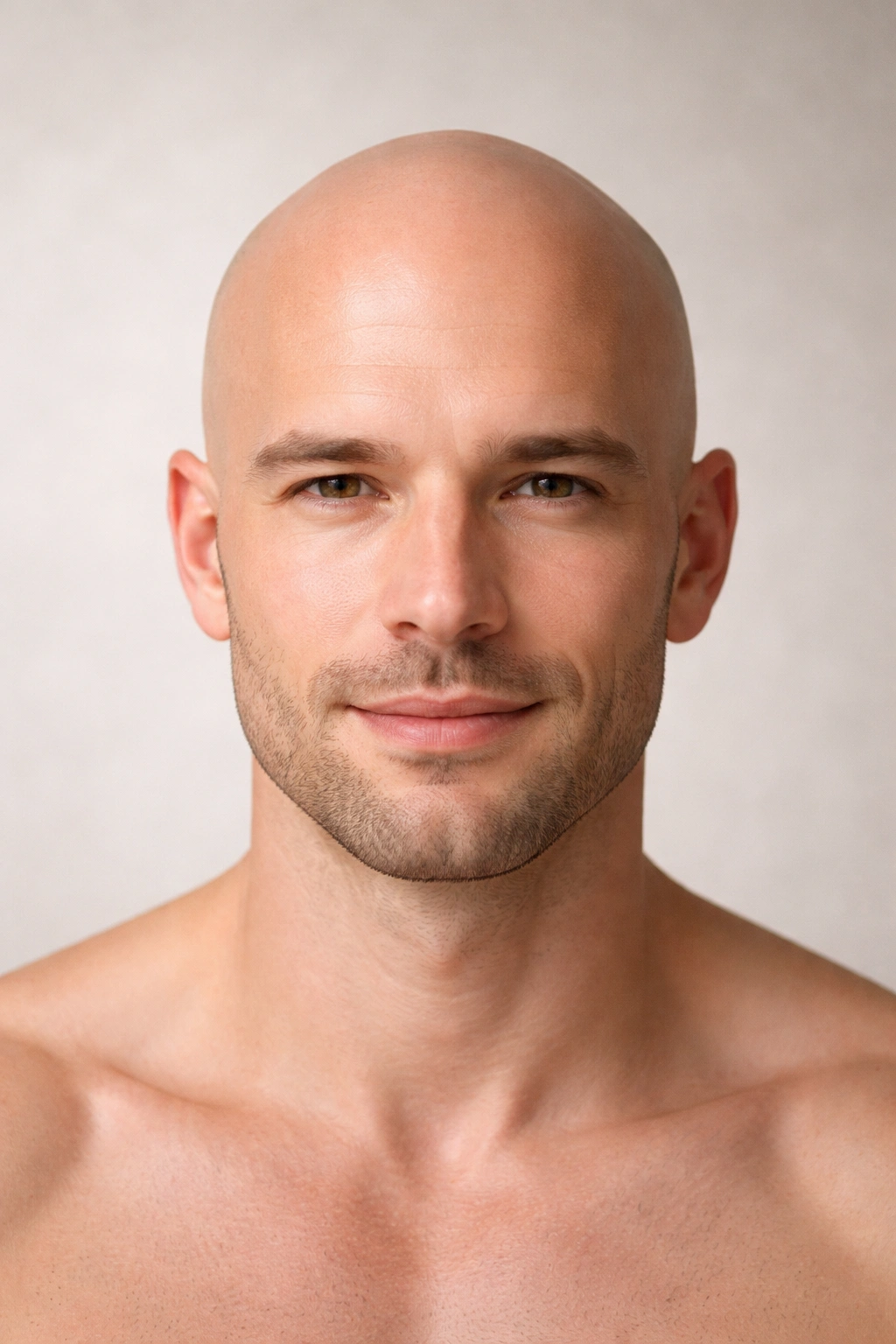 Completely bald man in a minimalist studio portrait.
