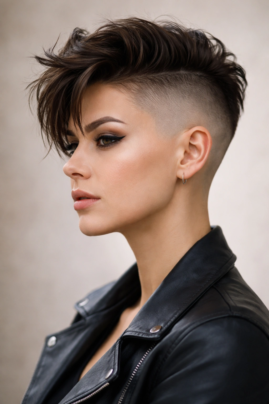 Portrait of a hairstyle with completely shaved sides and a textured longer top in a studio setting