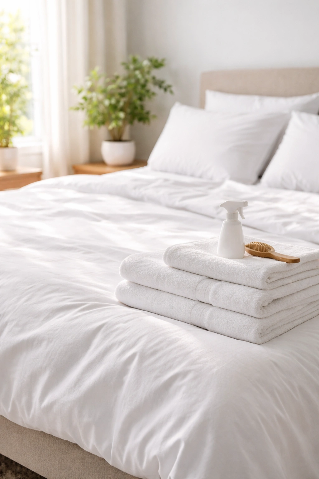 Bed with fresh white sheets in bright natural light