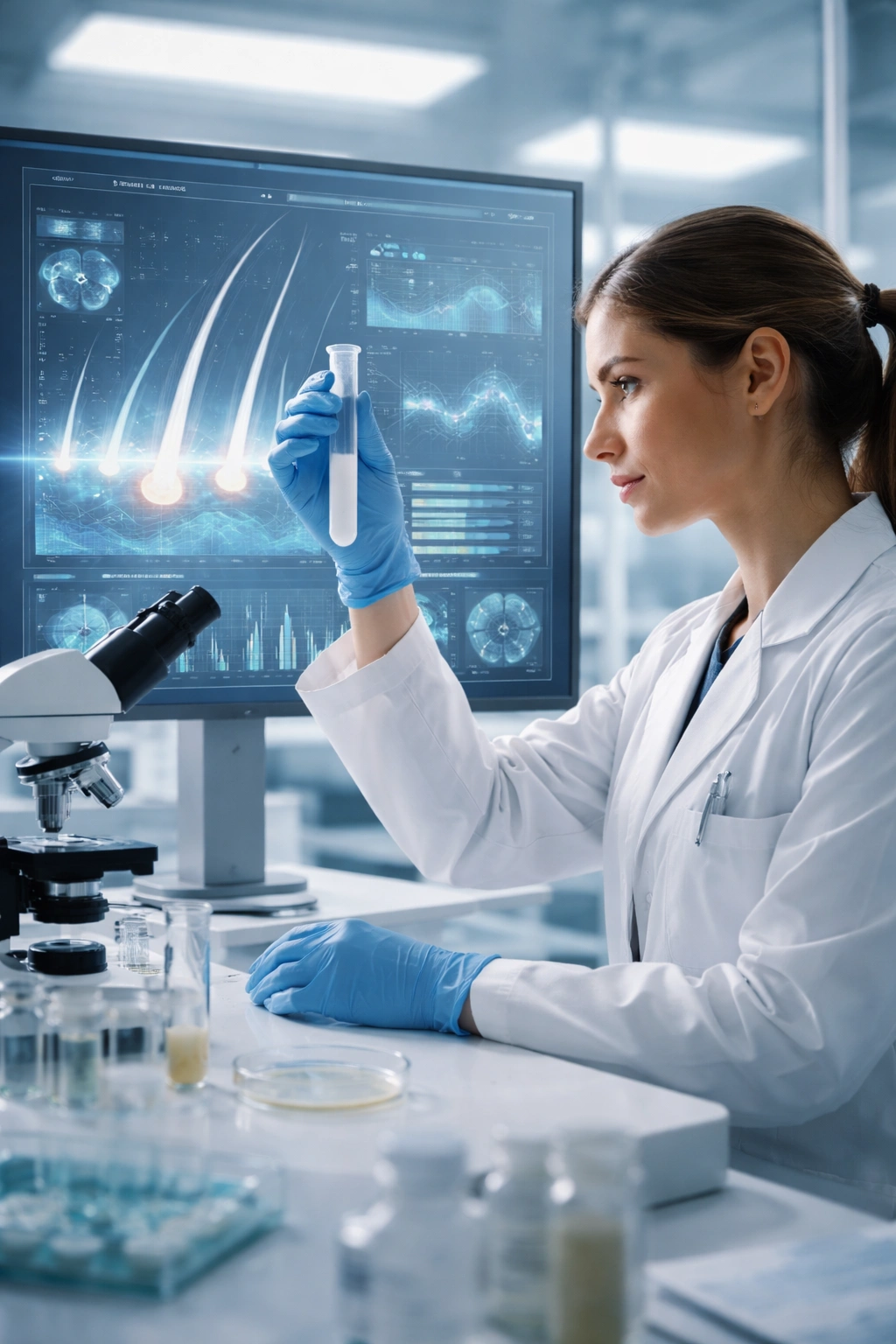 Researcher evaluating a sample in a lab with an abstract data display on a monitor