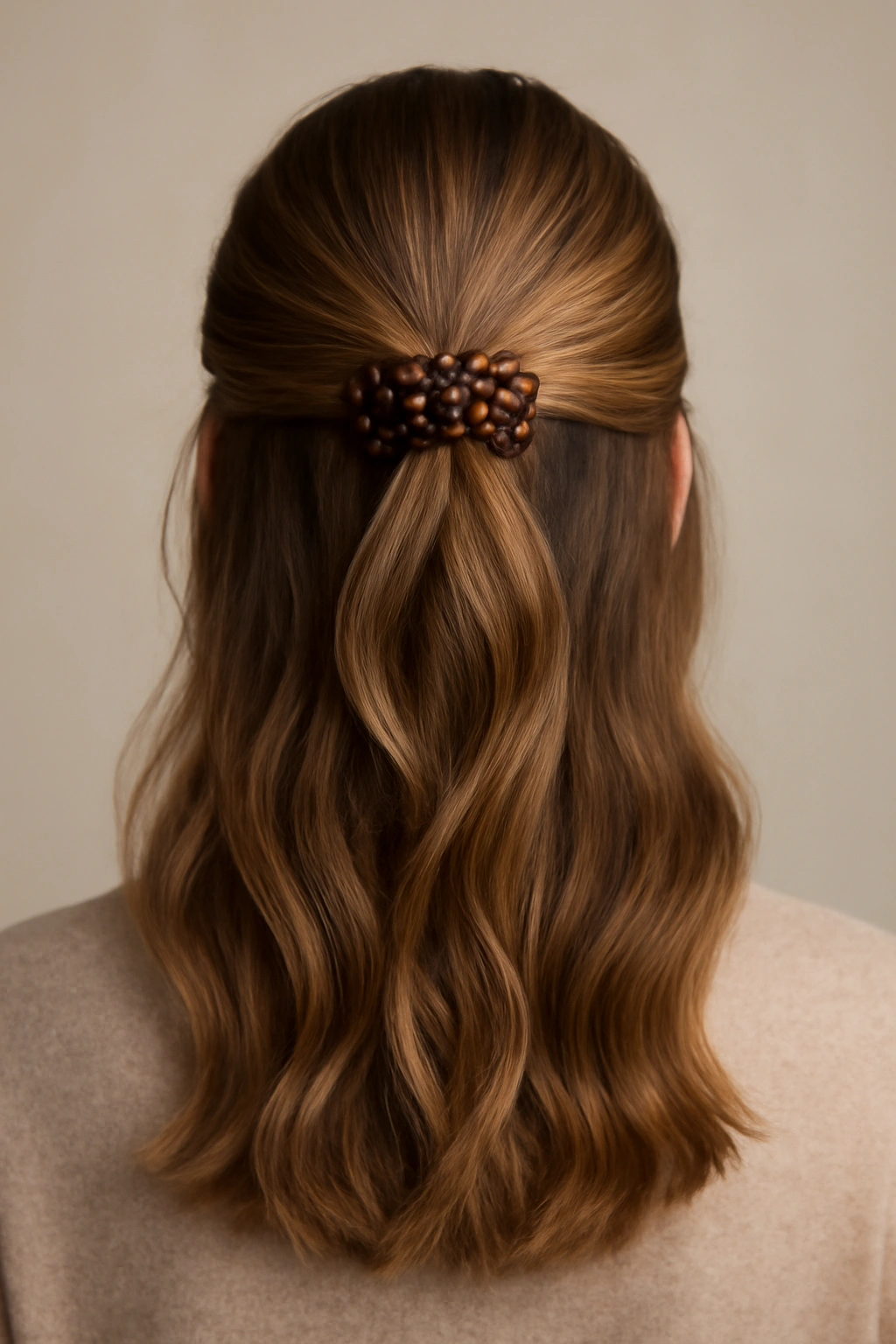 Half-up hairstyle secured with decorative clip or claw