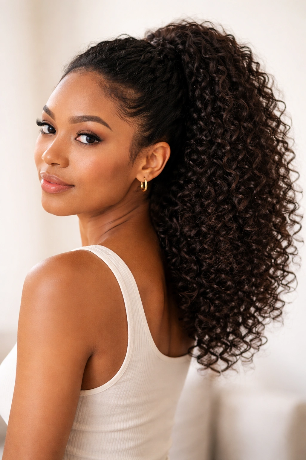 10 Easy Curly Hairstyles You Can Wear Every Day 8 Close-up of a clip-in curly ponytail extension blended with natural curls