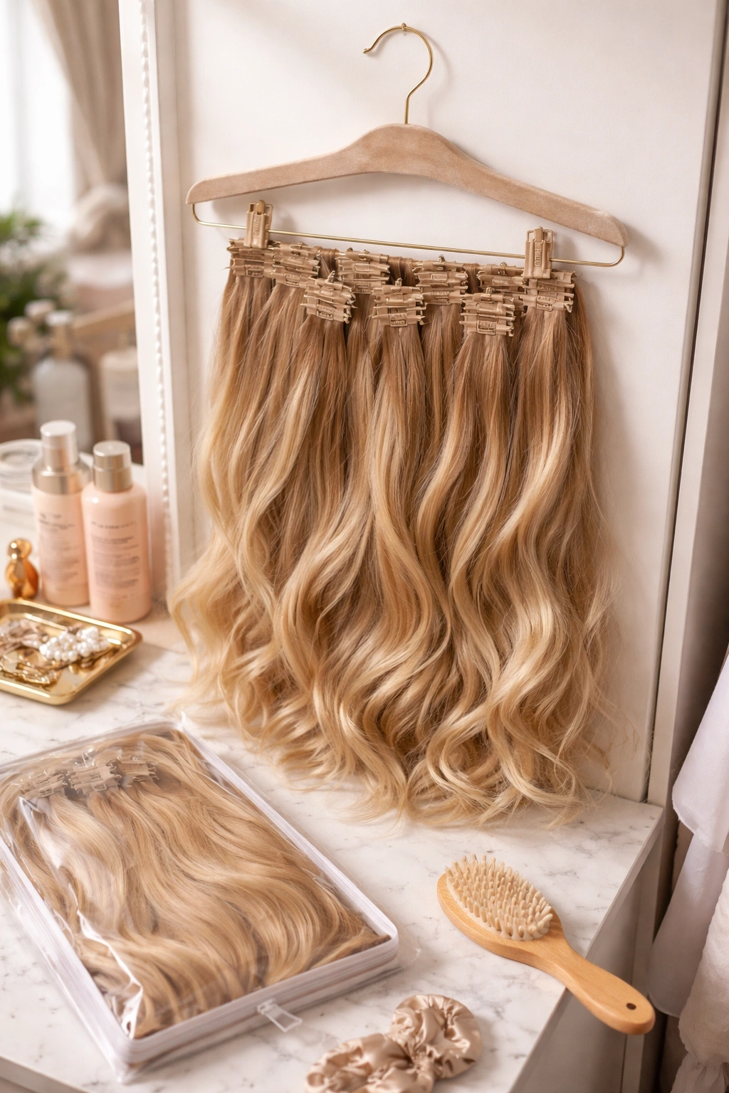 Clip-in extensions neatly stored on a hanger for care and maintenance