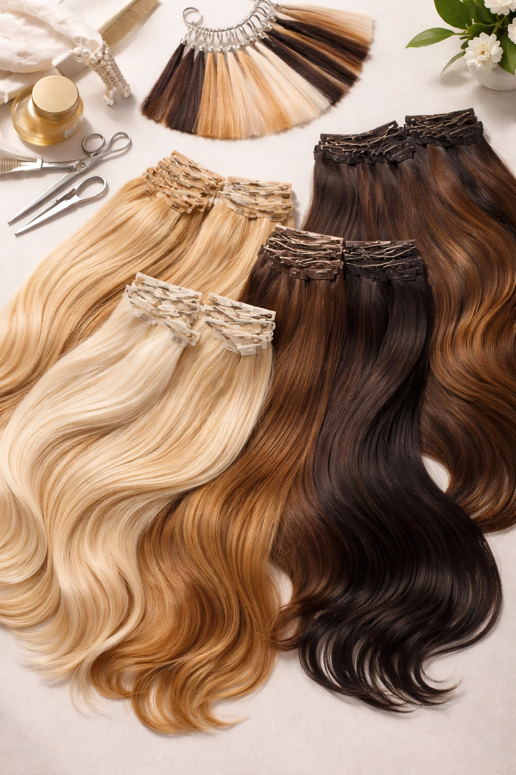 Clip-in extensions with color swatches for color matching