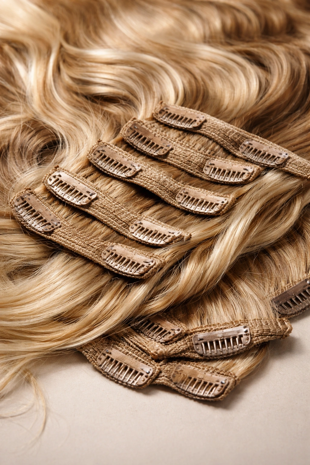 Overlapping clip-in extension wefts with clips visible on a neutral background