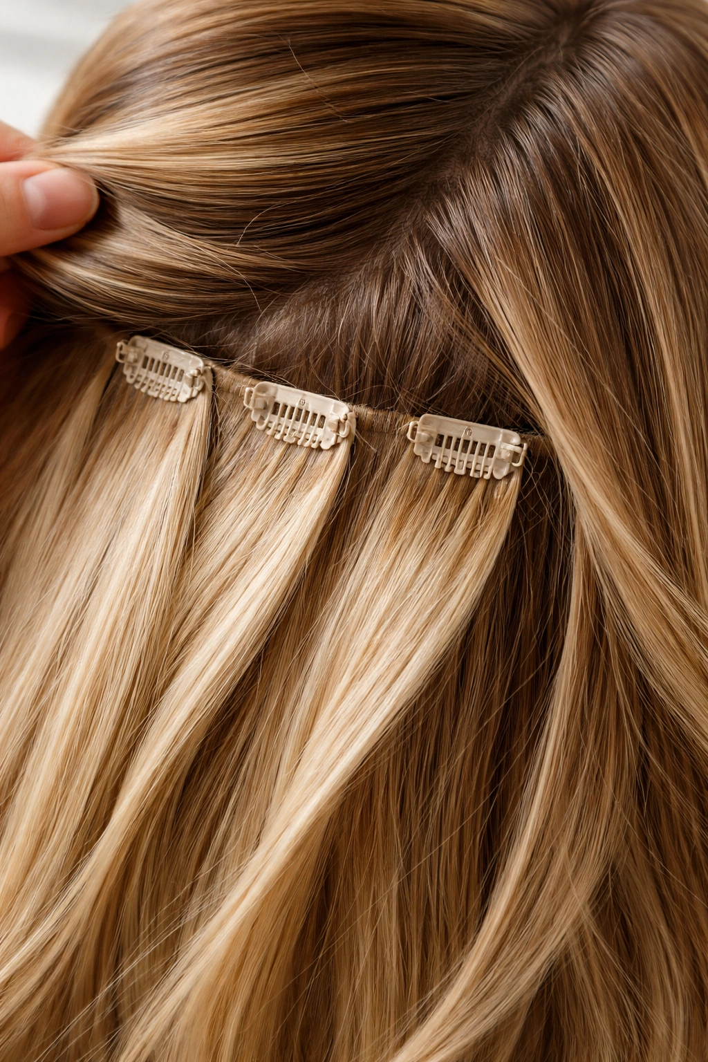 Close-up of clip-in extensions hidden by layered hair