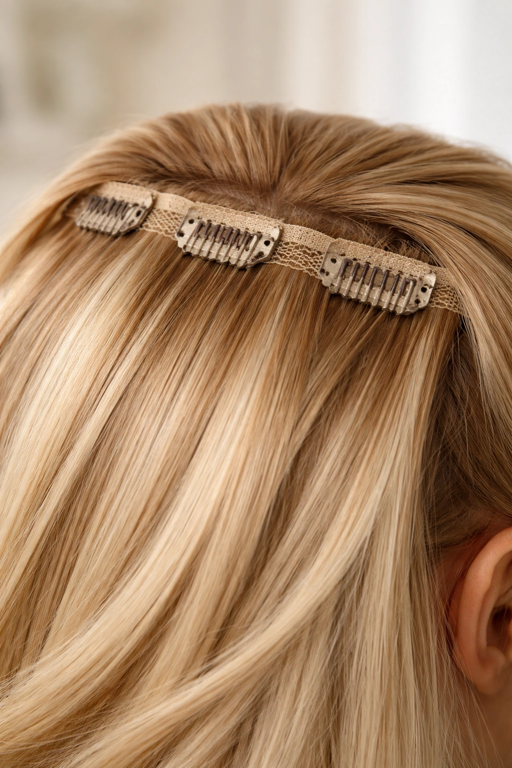 Close-up of clip-in extensions showing incorrect placement near the crown