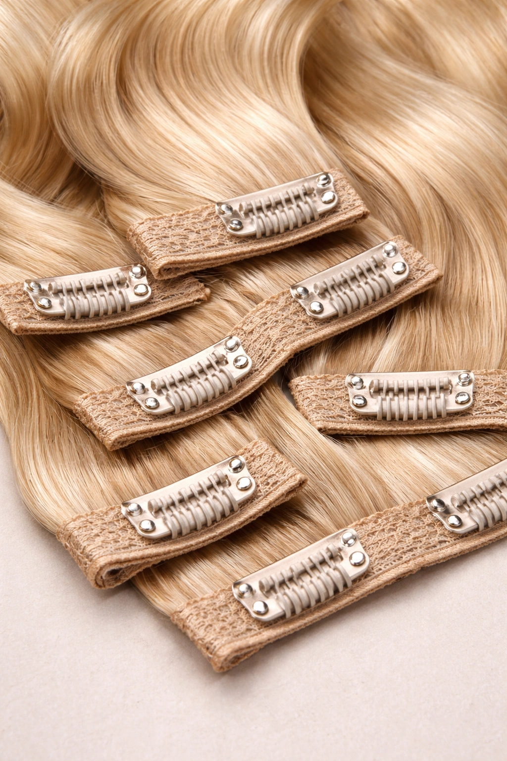 Close-up of clip-in extension wefts with clips on a neutral background