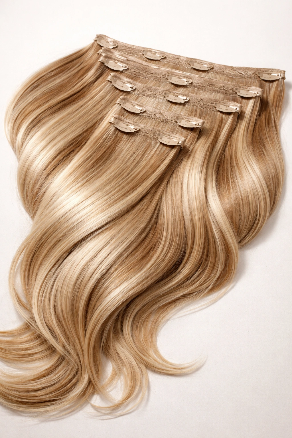 Fan of clip-in extension wefts in varying lengths on a plain background