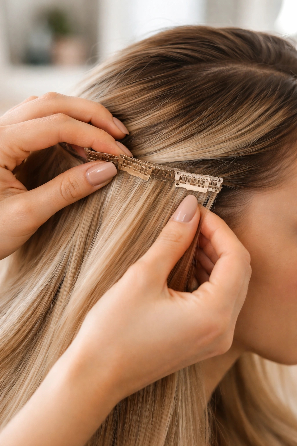 Close-up of hands removing clip-in extensions from the scalp