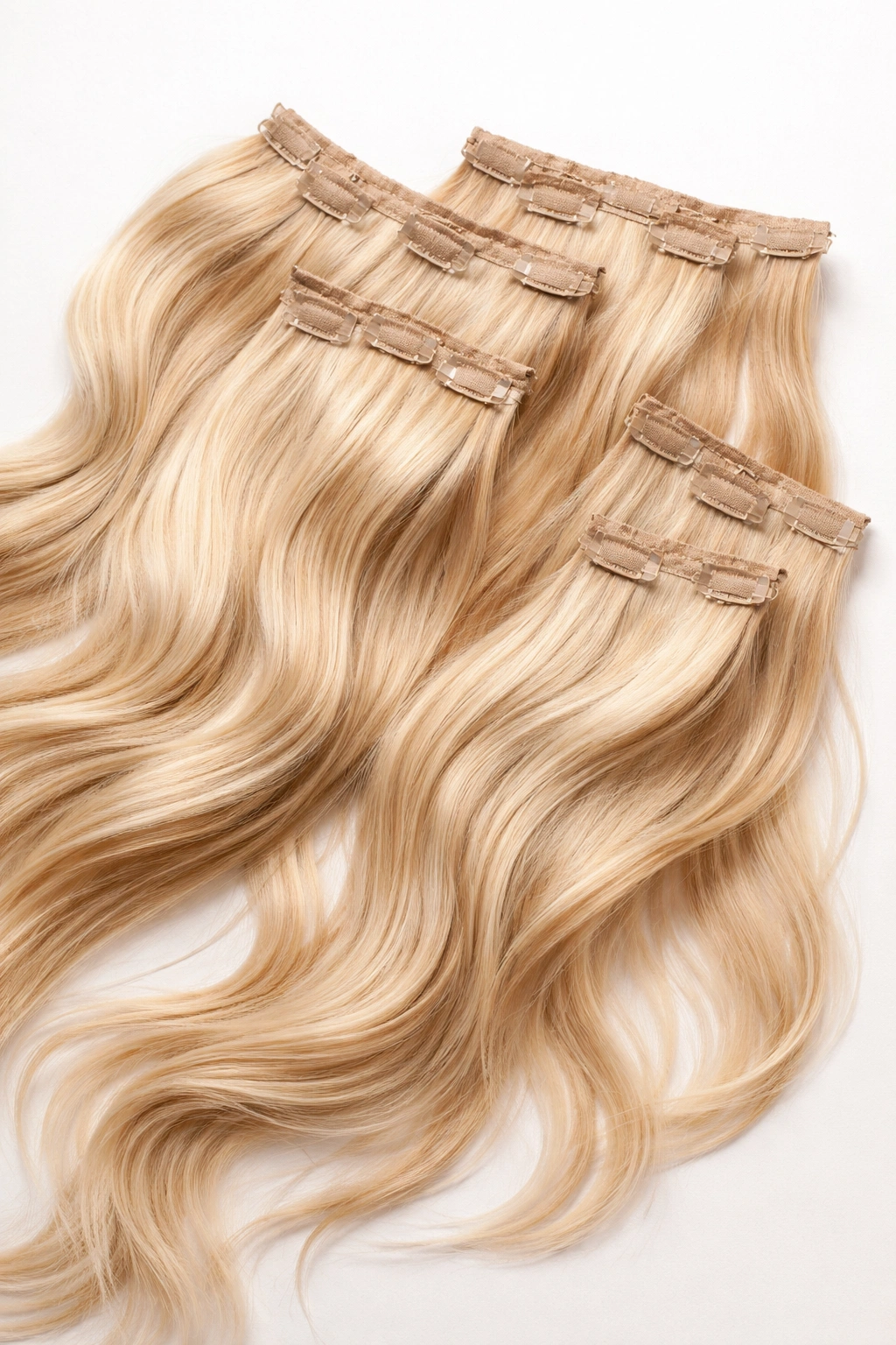 Multiple clip-in extension wefts with clips on a neutral background